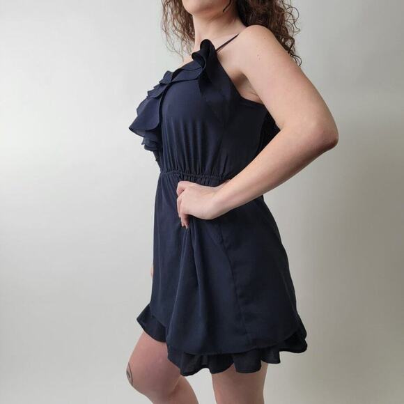 Navy Blue Ruffled Romper Mini Dress L - Picture 3 of 11